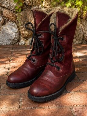 BOS & CO. European Lace-Up Burgundy Faux Fur Leather Cozy Winter Boots, 37